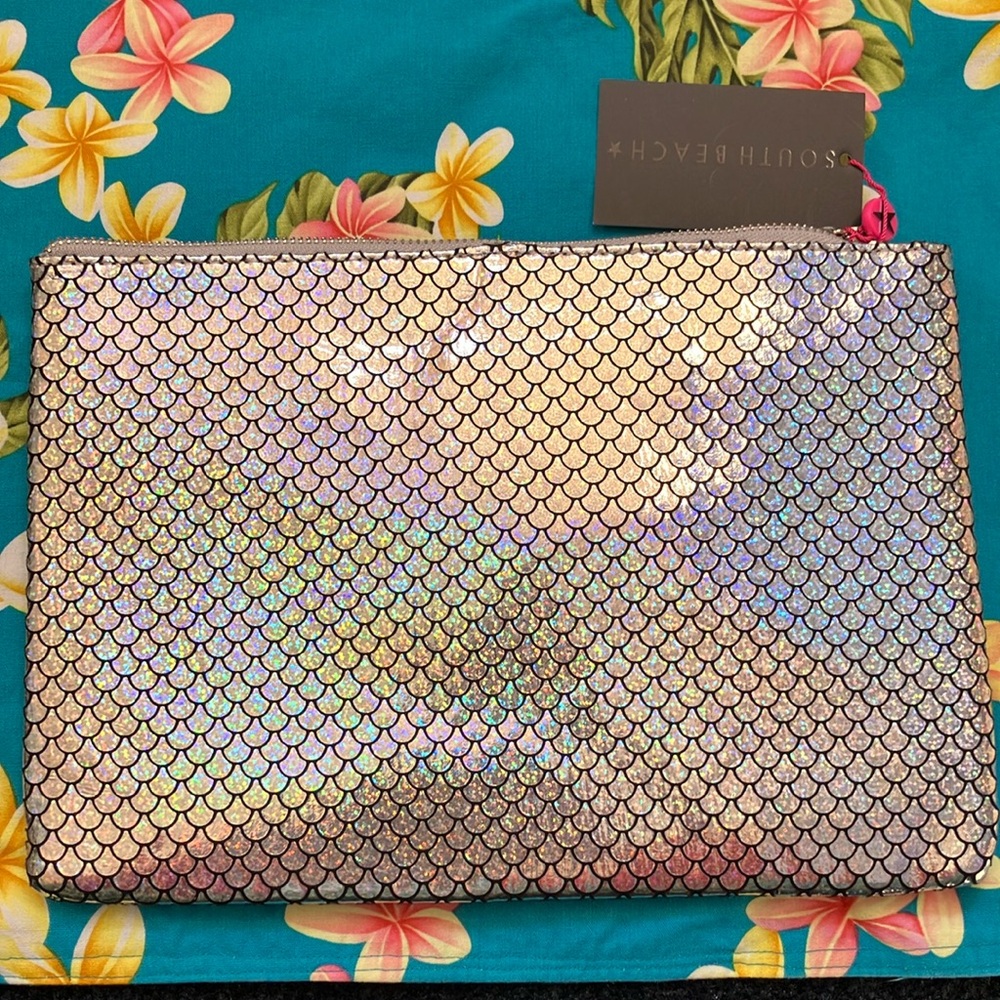 NWT Large clutch (with wrist strap), shimmery mermaid design. 12x8.5 inches.